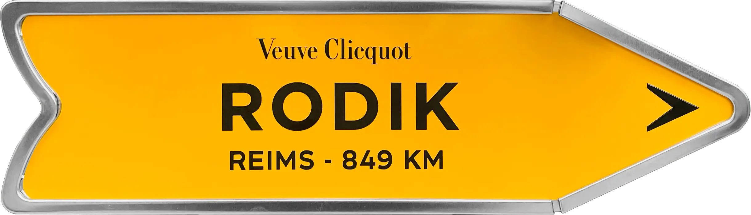 Rumeni cestni znak: Veuve Clicquot — Rodik, Reims 849 km